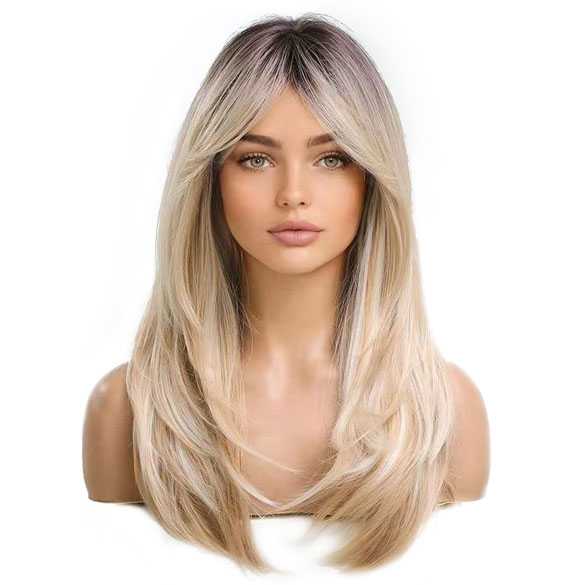 Pruik lang steil haar in laagjes met donkere roots model 259-1