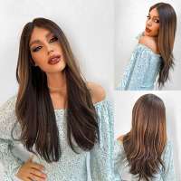 Swiss lace front pruik lang donkerbruin haar met highlights model Dakota