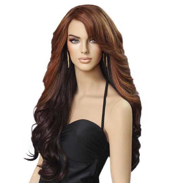Pruik lang haar met slagen model Vienna kleur Chestnut