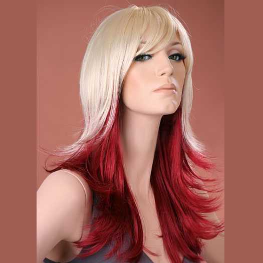 band Vreemdeling media Pruik lang haar razor-cut mix model Hannah rood en blond - Mooie pruiken  bij PruikenPlaza