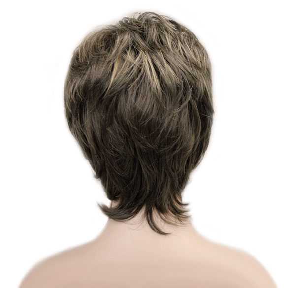 Moderne pruik kort haar in laagjes bruin met highlights