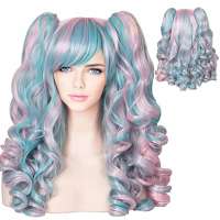 Lolita pruik roze blauw met krullen en 2 staarten