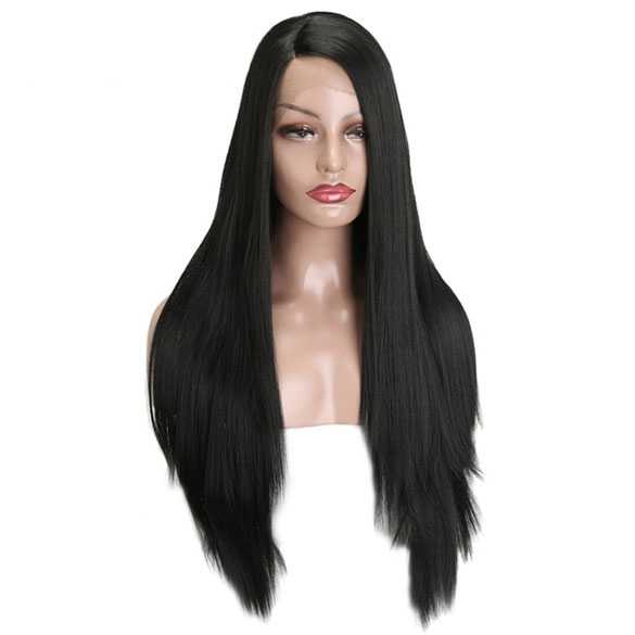 Supermooie lace pruik met lang zwart steil haar zonder pony