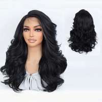Swiss lace front pruik lang zwart haar met slagen