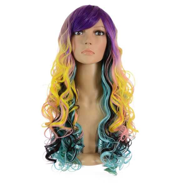 Multicolor carnaval pruik lang krullend haar model Judi