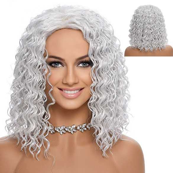 Pruik zilver wit bob model met wet look golfjes