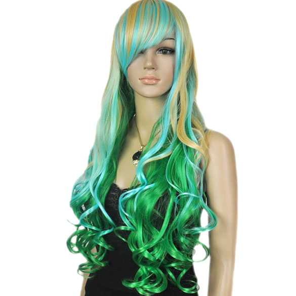 Zeemeermin pruik groen blauw haar met krullen - Mooie pruiken bij PruikenPlaza