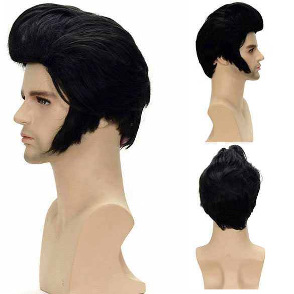 Elvis pruik zwart haar met kuif en bakkebaarden