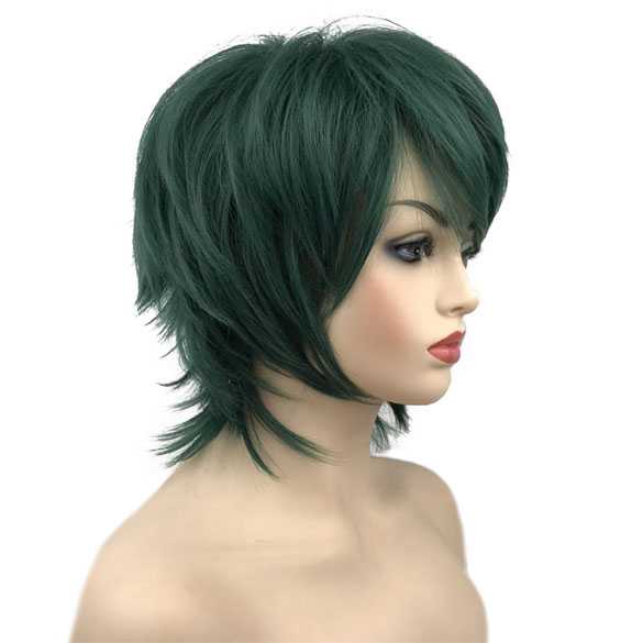 Cosplay Manga pruik flessengroen kort haar in laagjes