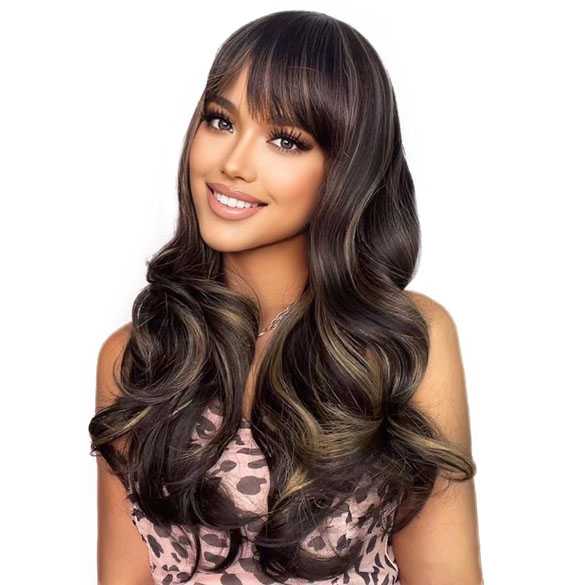 Pruik medium donkerbruin lang krullend haar met highlights IVY
