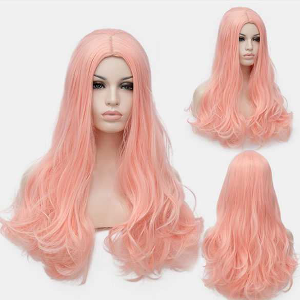 Pruik lang haar met krullen in pastel koraal