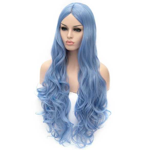 Luxe pruik lang ijsblauw haar met krullen zonder pony