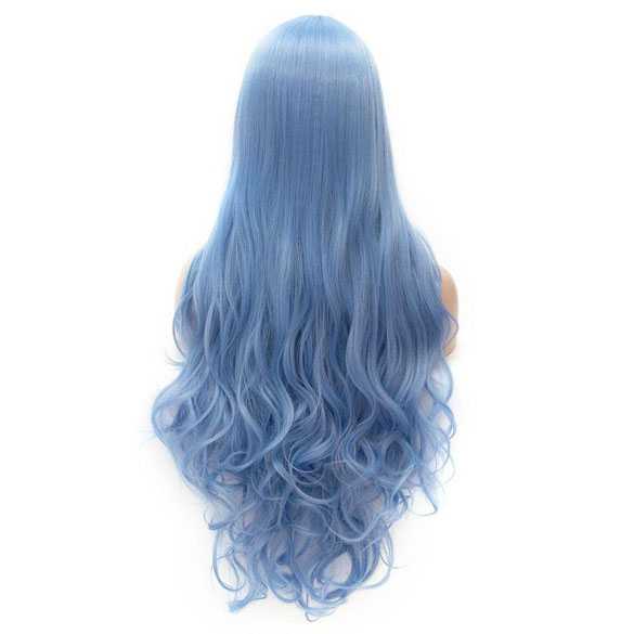 Luxe pruik lang ijsblauw haar met krullen zonder pony