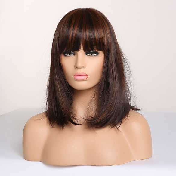 Pruik bob model in bruinmix met opvallende kleurstrengen