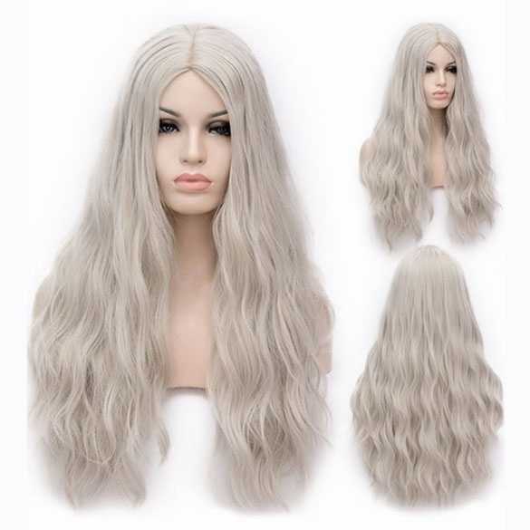 Pruik lang haar met golfjes in grijs blondmix zonder pony