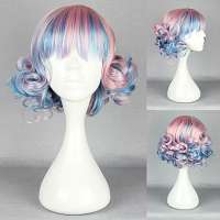 Carnaval pruik kort haar met krulletjes roze blauw