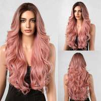 Luxe pruik lang roze haar met slagen zonder pony model 090