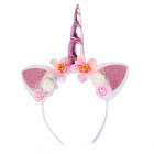 Carnaval unicorn diadeem hoorntje roze met oortjes en bloemen