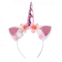 Carnaval unicorn diadeem hoorntje roze met oortjes en bloemen
