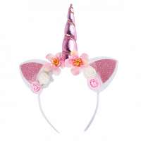 Unicorn diadeem hoorntje roze met oortjes en bloemen