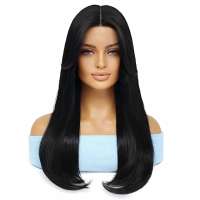 Swiss lace front pruik lang steil zwart haar zonder pony