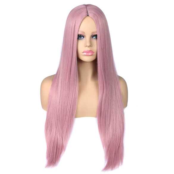 Cosplay pruik lang steil haar zonder pony kleur poeder roze