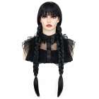 Luxe Wednesday Addams zwarte pruik met vlechten en pony