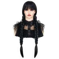 Luxe Wednesday Addams zwarte pruik met vlechten en pony