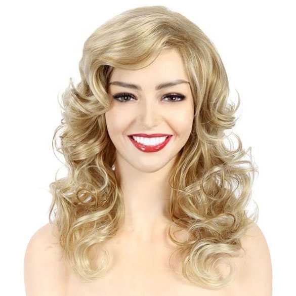 Pruik lang krullend haar in goudblond mix