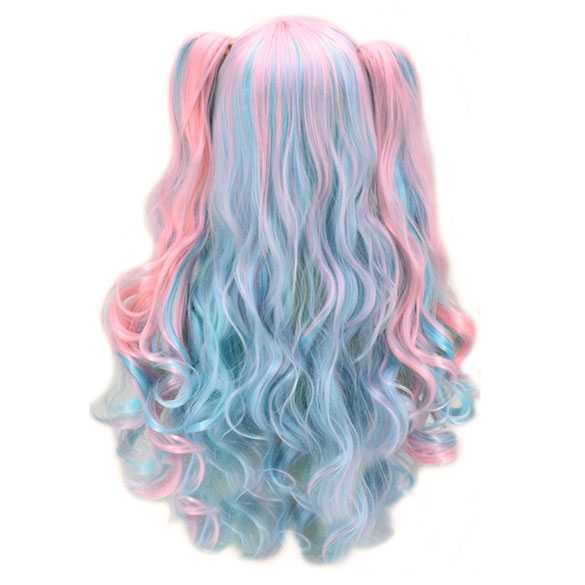 Carnaval pruik blauw roze met krullen en 2 staarten