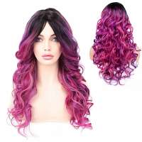 Pruik lang krullend haar in paars magenta mix zonder pony