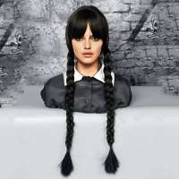 CARNAVAL Wednesday Addams pruik met twee lange vlechten en pony