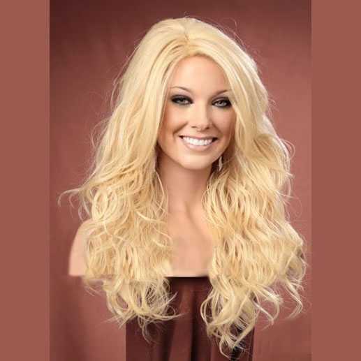 Pruik lang haar lichtblond met krullen model Gabby kleur 613
