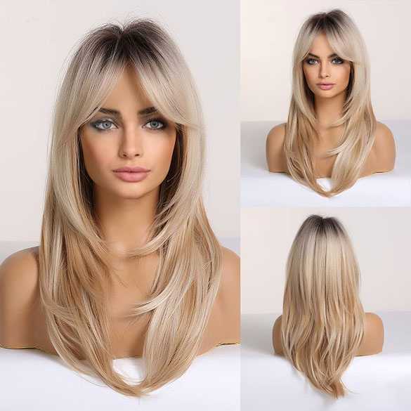 Pruik lang steil haar in laagjes met donkere roots model LYC 259
