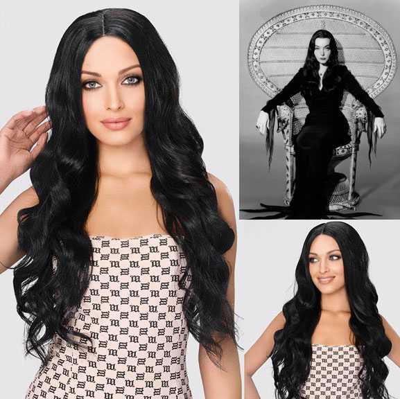 Morticia Addams pruik lang zwart haar met slagen