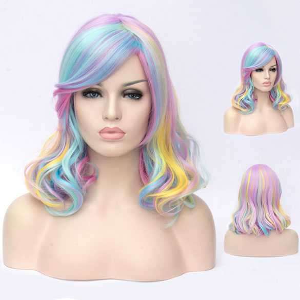 Carnaval pruik schouderlang bob model in pastel kleuren