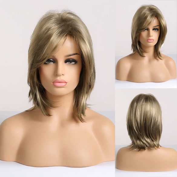 Pruik kort model steil haar in laagjes medium blondmix