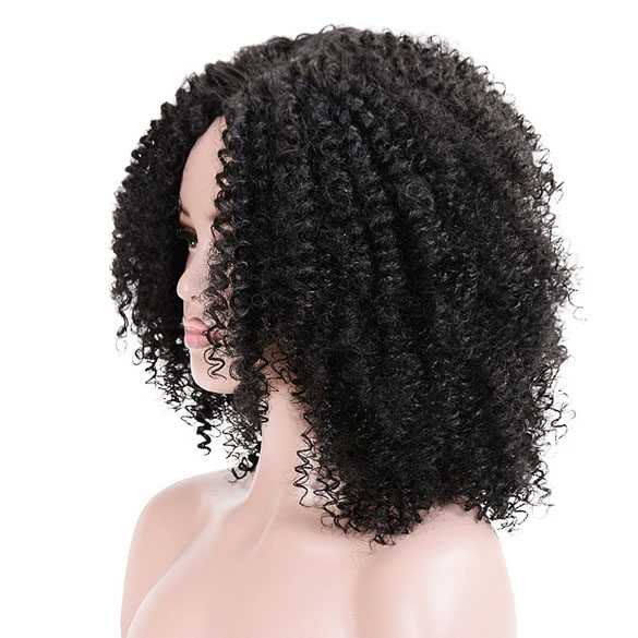 Pruik afro kleine krullen schouderlang model zonder pony