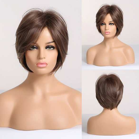 Moderne pruik kort steil haar in laagjes coffee mix model 105