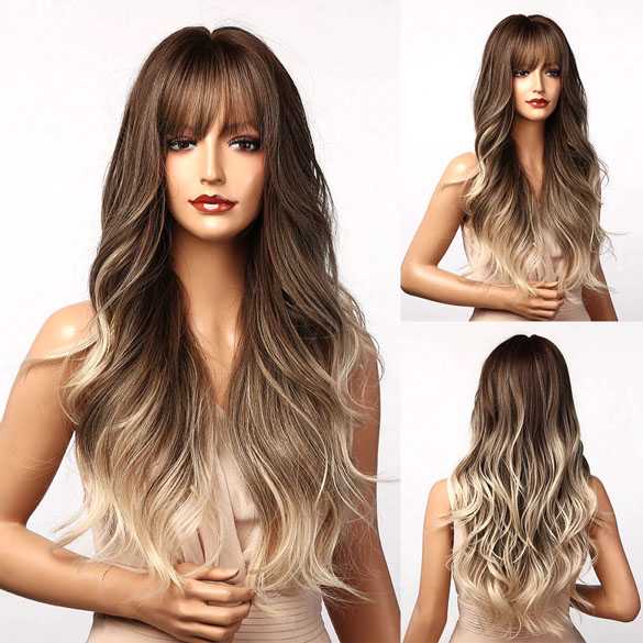 Pruik lang haar met slagen bruin roomblond model 5207
