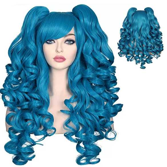 Luxe pruik lang haar met krullen + 2 staarten op klem Blauw