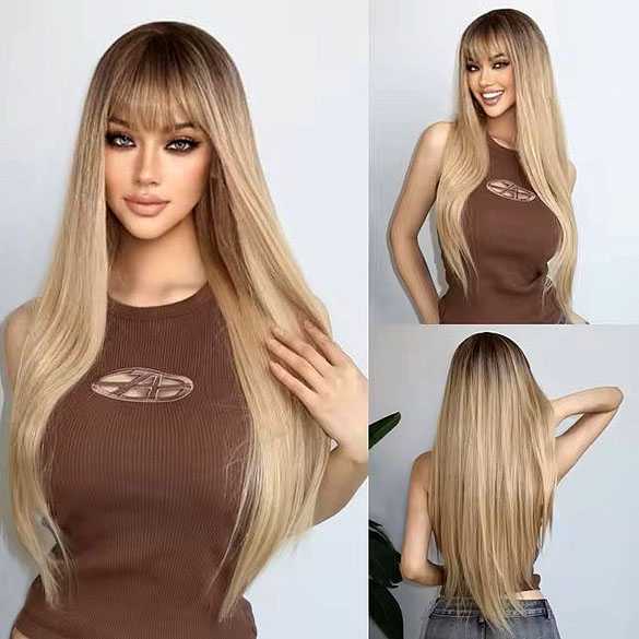 Pruik lang blond steil haar in laagjes met pony model 288