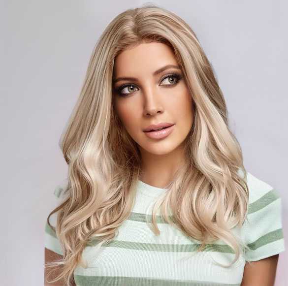 Swiss lace pruik lang haar roomblond mix zonder pony Harper