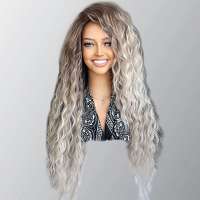 Pruik met lang haar wave slagen grijs-bruin wit-grijs
