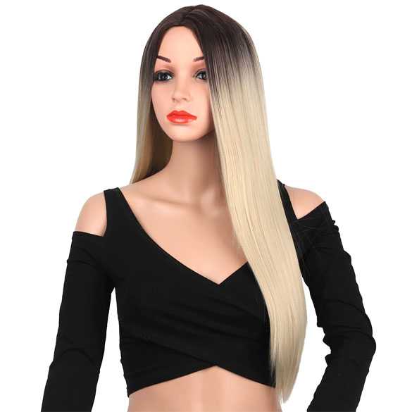 Pruik lichtblond lang steil haar met donkere uitgroei