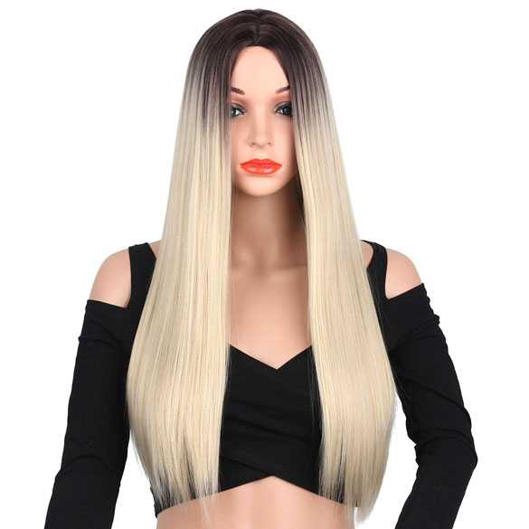 Pruik lichtblond lang steil haar met donkere uitgroei