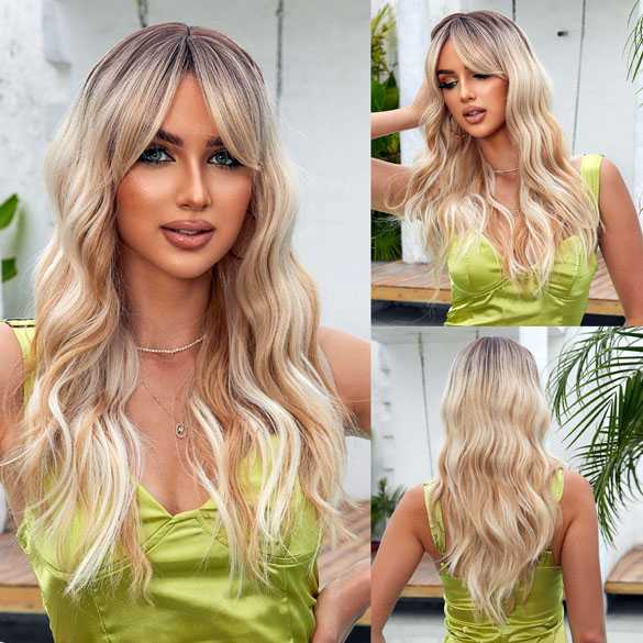 Pruik lang golvend haar in laagjes met donkere roots model Eva