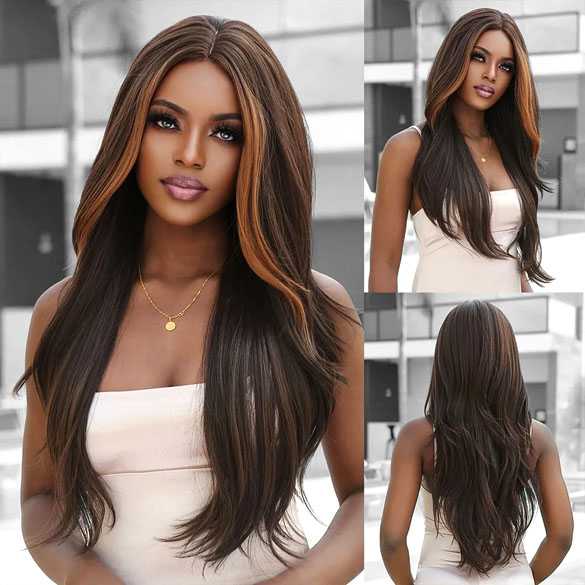 Luxe pruik lang haar in bruinmix zonder pony model 3001