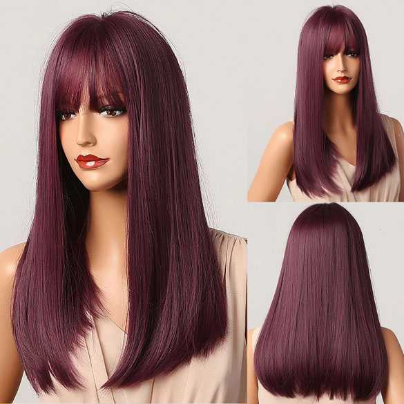Pruik lang steil haar aubergine paars model 5025