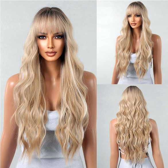 Pruik lang haar grove slagen in goudblond mix model 1046